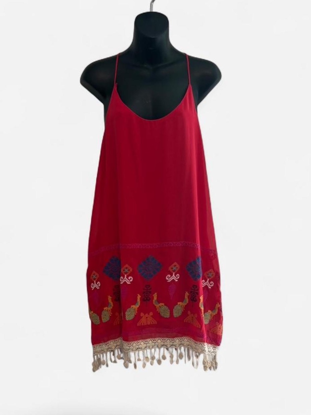 Red Mexican-Inspired Embroidered Mini Dress – Size M